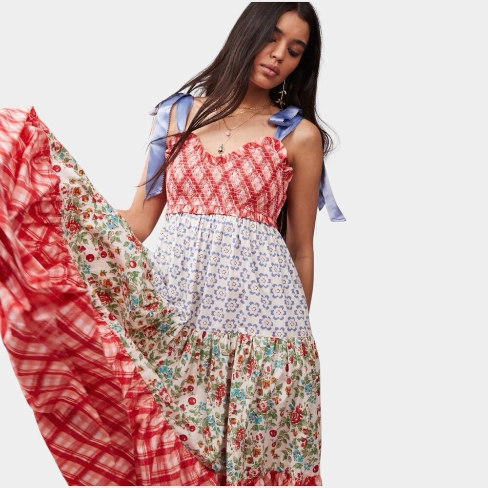 Women Bohemian Bluebell Maxi Dress Size L V-Neck Gathered Bodice Bows Shoulders - Picture 9 of 16
